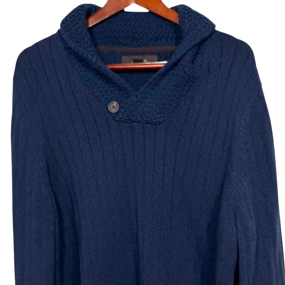 Tasso Elba Mens XL Navy Blue Cotton Ribbed Shawl Collar Button Sweater Pullover - Picture 1 of 7